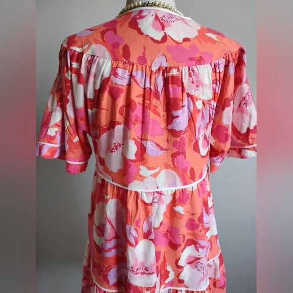 Vince Camuto Linen Blend Tropical Print Pink Orange Floral Easy Dress Size 4 - Picture 10 of 16